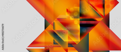Abstract geometric composition. Orange, yellow hues dominate, shapes intersect. Minimalist design with blurred circles, sharp angles. Modern aesthetic.