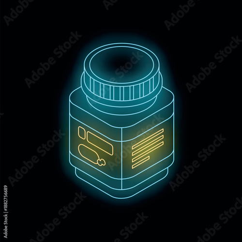 Neon glowing isometric medicine bottle with label on black background, representing healthcare, pharmacy, and medicine concepts