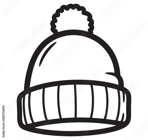 Simple black and white illustrated winter beanie hat with a pom pom for design elements