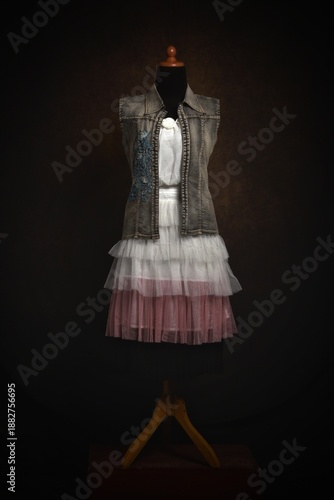 Halter neck with ruffles white and pink dress on a display mannequin