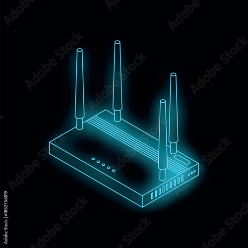 Neon blue router providing wireless internet connection on black background
