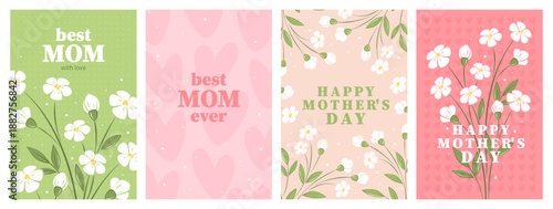 Mother's Day card set with flowers frame. Spring summer design. Vector illustration