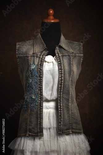 Halter neck with ruffles white and pink dress on a display mannequin