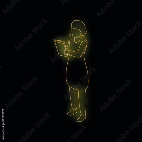 Neon sign of a woman holding documents, glowing yellow on black background