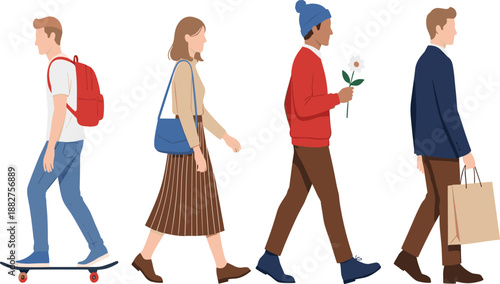 People Walking Side View Illustration Set Showing Casual Urban Lifestyle Characters for City Life, Daily Routine, Travel, and Modern Vector Design Projects