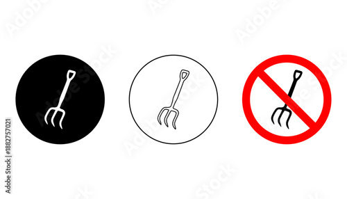 Garden Rake Icon Set – Solid, Outline and Prohibited Tool Symbol