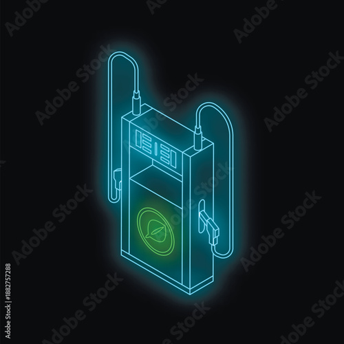 Neon glowing blue electric vehicle charging station with green leaf symbol promoting sustainable transportation and clean energy