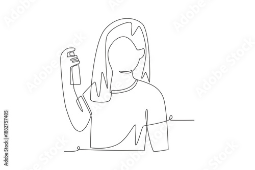 Woman is treating her hair with spray. Hair care across cultures concept one-line drawing
