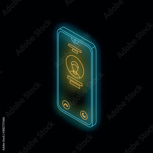 Glowing blue smartphone displaying incoming call screen with construction worker contact information, on black background