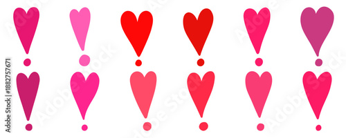 Heart shape exclamation mark set. Hand drawn Doodle pink heart exclamation point. Punctuation love marks. Valentine vector illustration isolated on white background.