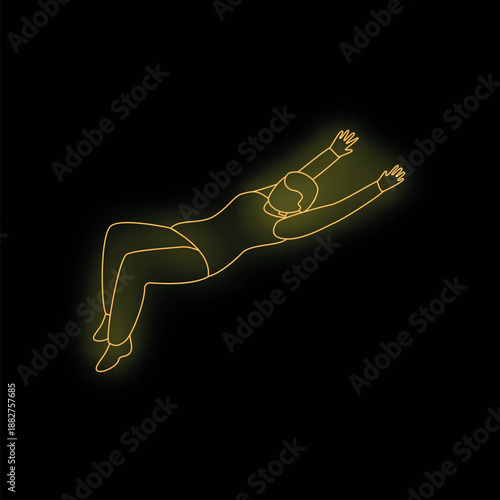 Neon yellow glowing outline of a businesswoman floating in zero gravity with arms outstretched against a black background