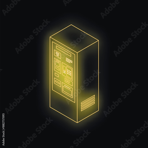 Isometric glowing yellow vending machine on black background