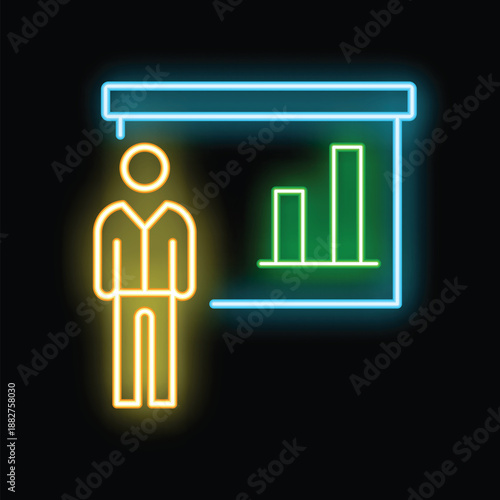 Neon style icon of a businessman giving a presentation using a flip chart with a growing bar graph