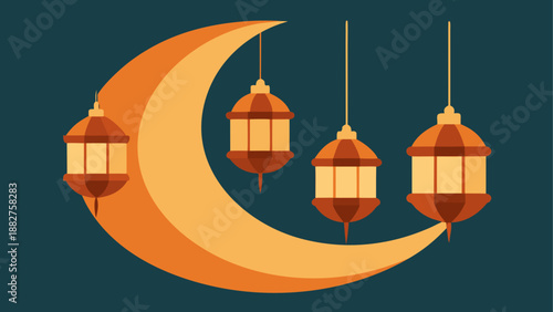 Illuminated crescent moon with hanging lanterns