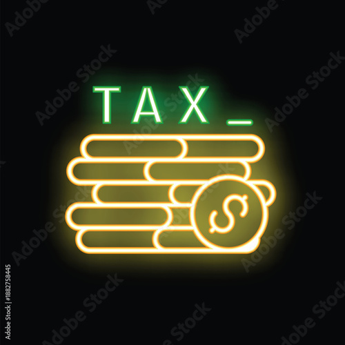 Glowing neon sign representing the concept of paying taxes with a stack of bills and a dollar coin