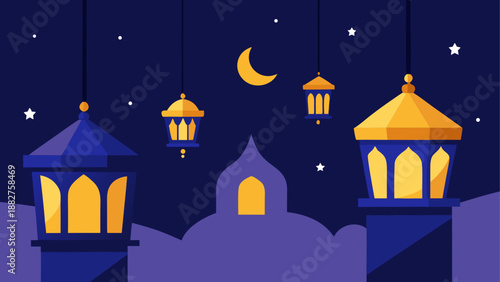 Nighttime mosque with hanging lanterns