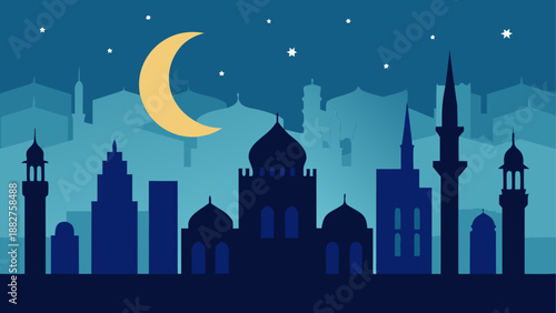 Nighttime cityscape with crescent moon