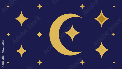 Golden moon and stars in the night sky