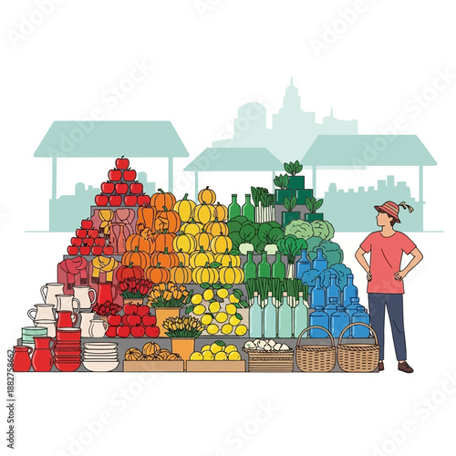 Colorful produce stall with man at market