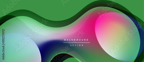 Abstract fluid shapes, vibrant colors blend. Green backdrop highlights pink, blue gradients. Modern design element, smooth curves dominate composition.