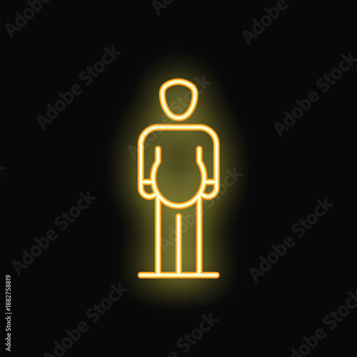Yellow neon icon of a pregnant man standing on a black background