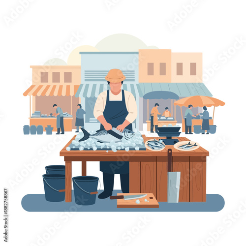 Fishmonger preparing fresh fish at outdoor market stall