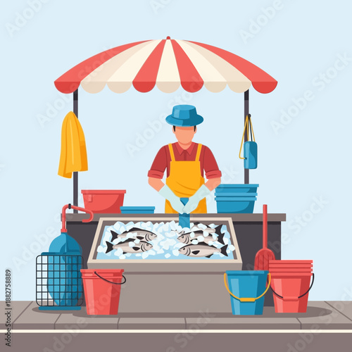 Fishmonger selling fresh fish from a market stall with umbrella