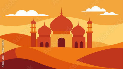 Desert mosque at sunset