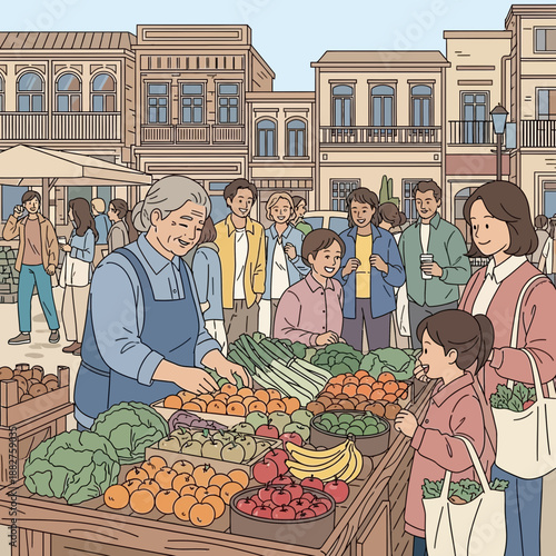 Wallpaper Mural Outdoor market scene with diverse people shopping for fresh produce from a vendor. Torontodigital.ca
