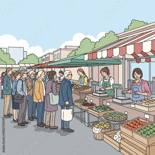 Wallpaper Mural Outdoor market scene with people queuing at stalls selling fresh produce. Torontodigital.ca