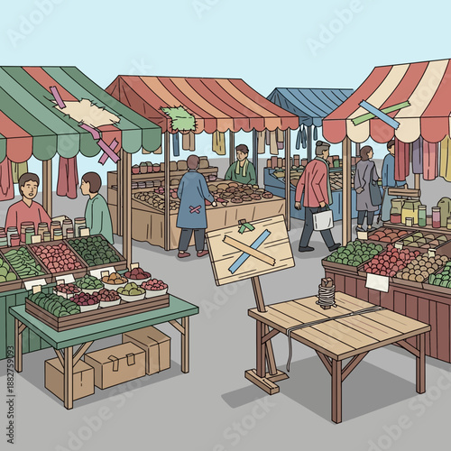 Outdoor market stalls with people shopping for fresh produce.