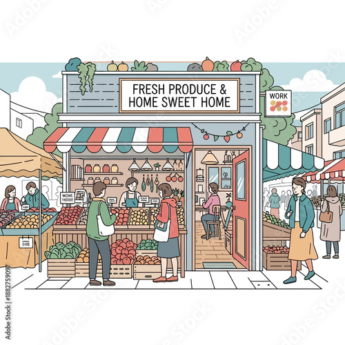 Wallpaper Mural Outdoor market stall with fresh produce and shoppers Torontodigital.ca