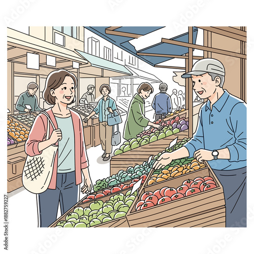 People shopping at fresh produce market stalls, buying fruits and vegetables