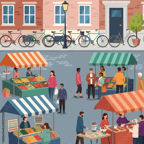 People shopping at outdoor farmer's market, bicycles parked on street