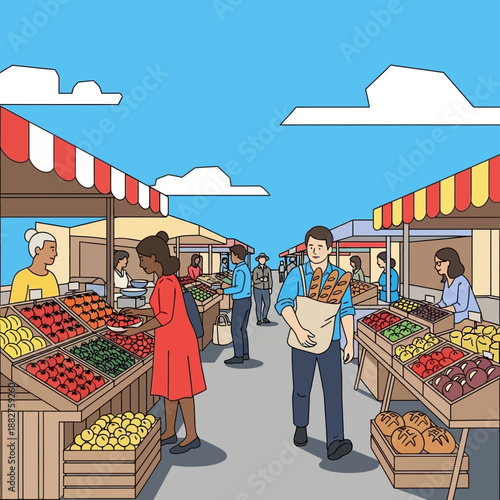 Wallpaper Mural People shopping at outdoor farmers market stalls with fresh produce Torontodigital.ca