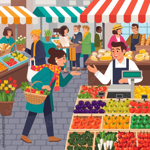 People shopping at outdoor farmers market, buying fresh produce and cheese