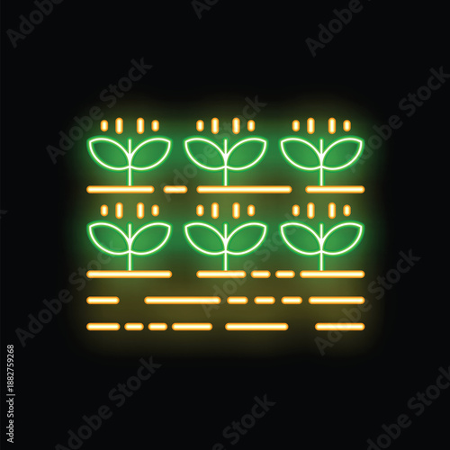 Green and yellow neon icon of sprouts growing in rows, representing agriculture and farming
