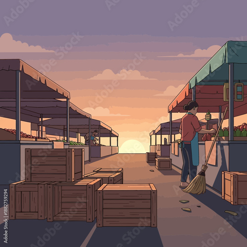 Wallpaper Mural Pixel art market stall at sunset with vendor cleaning Torontodigital.ca