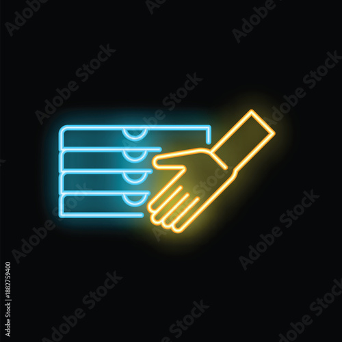 Neon sign of a hand taking a stack of pizza boxes, concept of food delivery