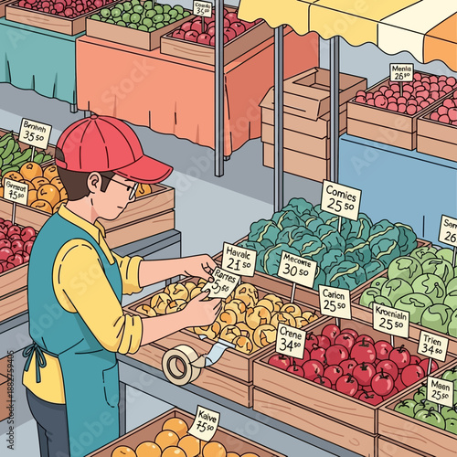 Vendor arranging produce at a vibrant outdoor market stall