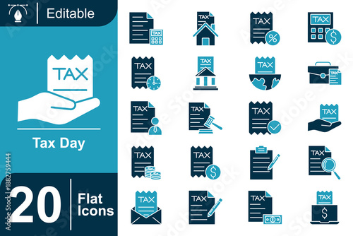 Tax Day flat icon set with finance, accounting, payment, documents, deadlines, taxation concepts, editable vector icons for business, finance apps, reports, and professional financial design projects