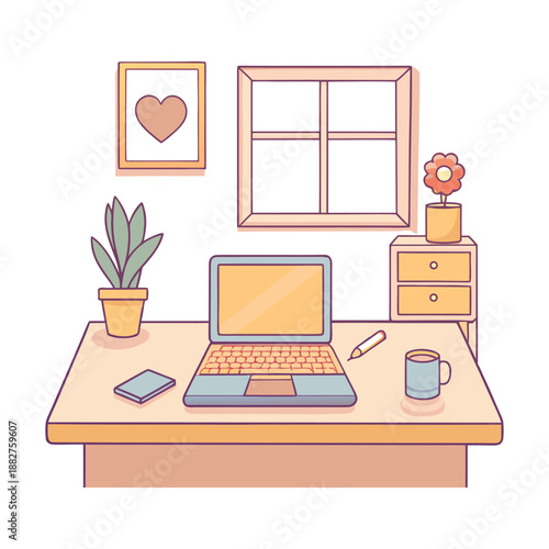 Pastel Kawaii Home Office Desk Vector Illustration Cozy Work From Home WFH Workspace