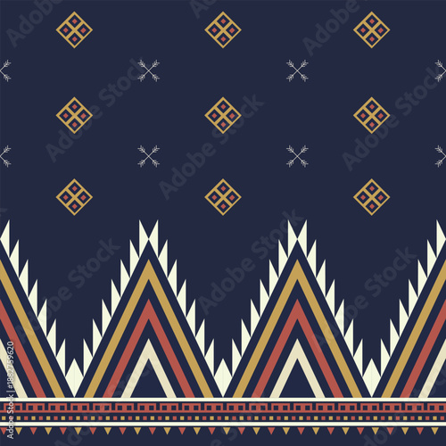 Ethnic folk geometric vector pattern featuring diamond motifs with decorative peak shapes and subtle scattered elements. Navy and earth tone palette inspired by traditional textiles and folk art.