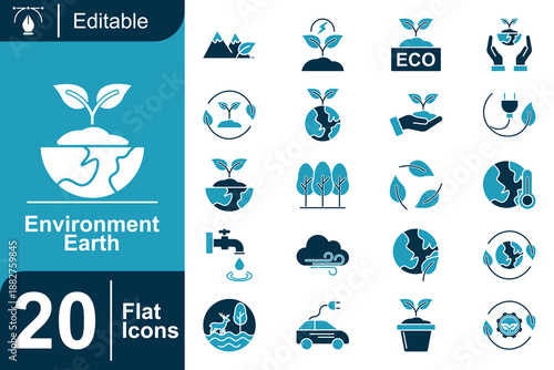 Environment and earth flat icon set featuring eco, sustainability, renewable energy, nature protection, green lifestyle, climate awareness, editable vector icons for environmental design and education