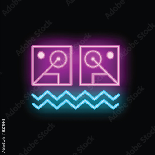 Neon icon of a dj playing music on turntables, with sound waves emanating from the speakers