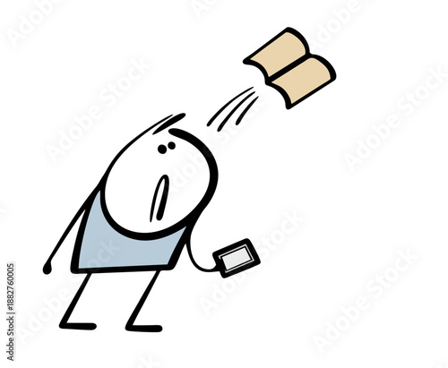 Confused stickman holds  smartphone, looks  at  book flying away in sky. Vector illustration of human brain degradation. Loss of memory, knowledge.  New technologies  destroying education.