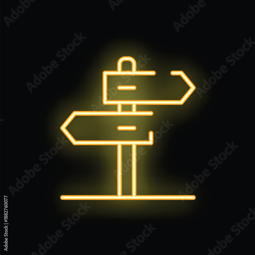 Neon sign showing direction signpost with arrows pointing in opposite directions on a black background