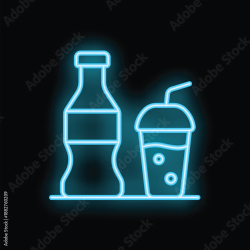 Blue neon sign depicting a bottle and a cup with a straw, both containing soda, placed on a shelf, against a black background