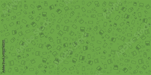 Texture with hand drawn technology gadgets, green background with sketch laptops, tablets, mice and smartphones for digital design
