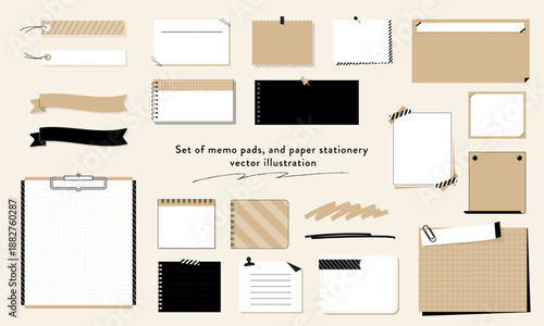 Set of beige hand drawn sticky notes, memo pads, and paper stationery vector illustration
